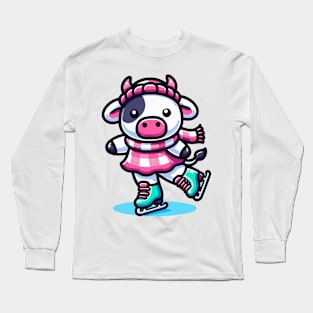 Ice Skating Cow Kawaii Style Long Sleeve T-Shirt